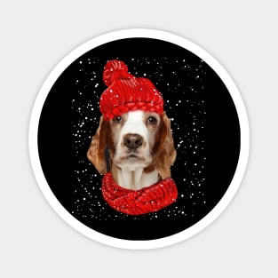 Welsh Springer Spaniel Wearing Red Hat And Scarf Christmas Magnet